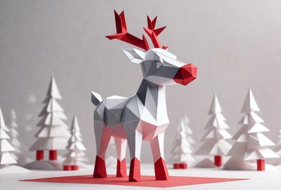 The primary subject of the image is a paper cutout of a reindeer. The reindeer is standing in front of a backdrop of trees, creating a festive and holiday-themed scene. The visual style of the image is a combination of digital art and paper cutout, giving it a unique and creative appearance. The colors and mood of the image are predominantly red and white, which are associated with Christmas and holiday celebrations.